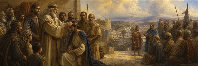 Elders anointing David at Hebron while northern leaders gather elsewhere